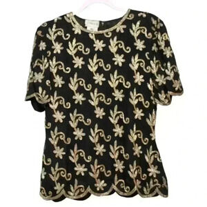 Vintage 80s Stenay Evening Blouse Small 100% Silk Beaded Floral Formal Party